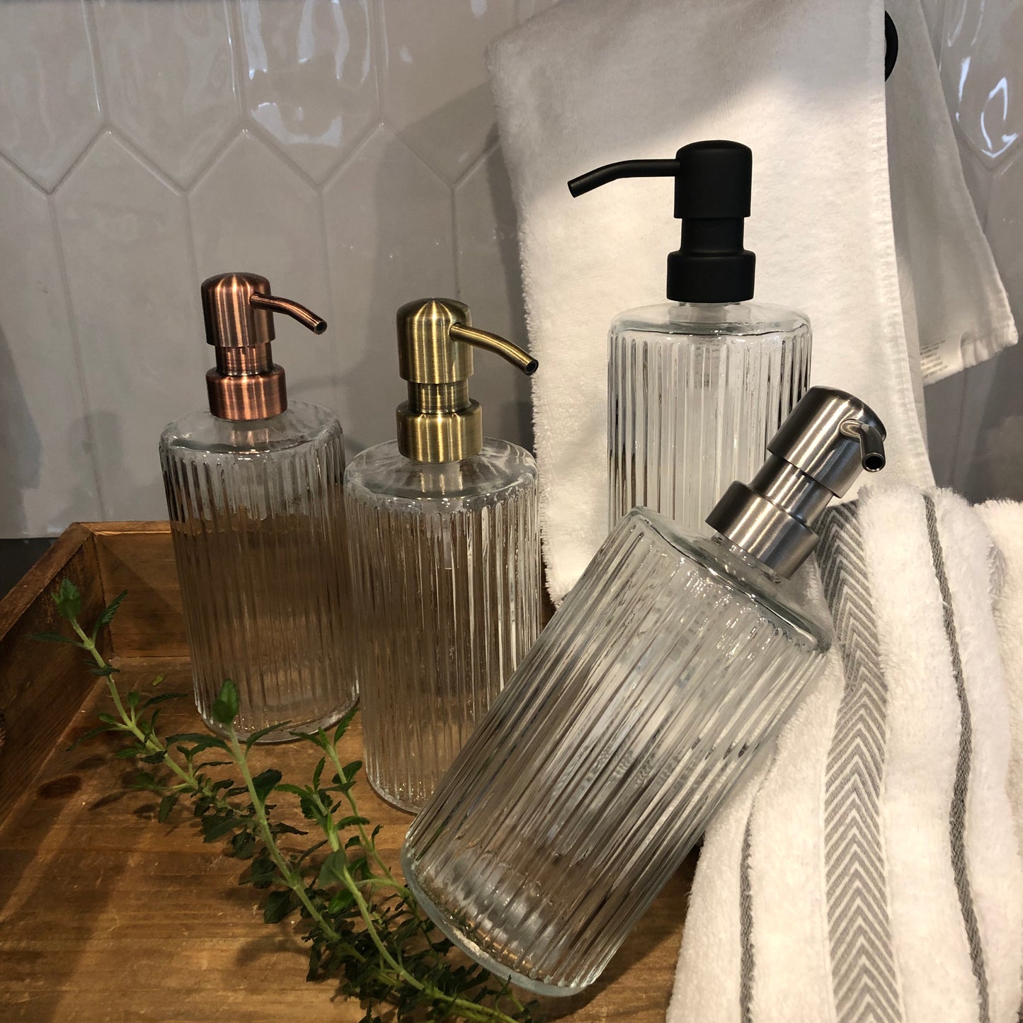 Winslow Glass Soap Dispenser – 12oz / 350ml Ribbed Fluted Round Bottle with Stainless Steel Pump (Silver, Brass, Bronze, Black)