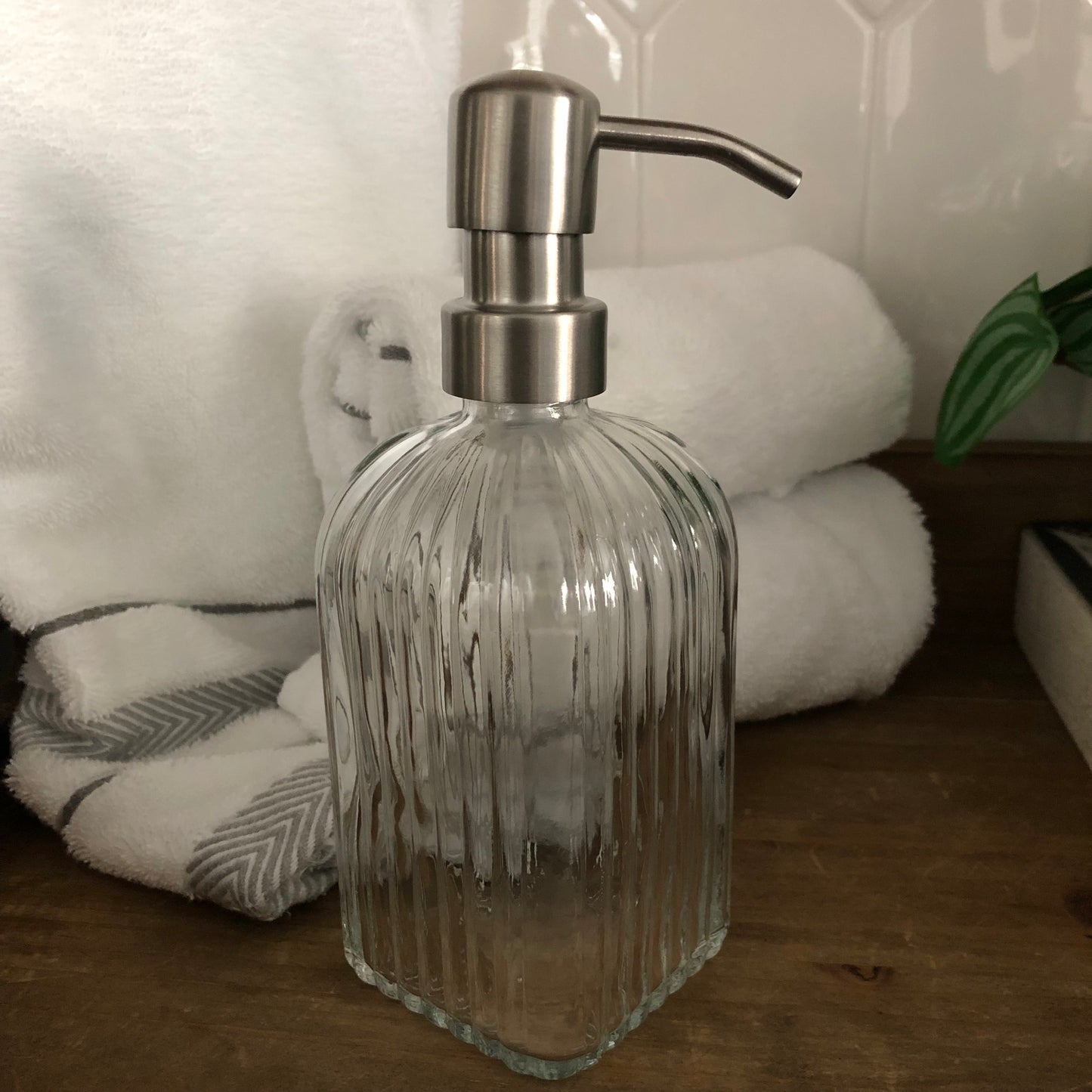 Winslow Glass Soap Dispenser – 12oz / 350ml Ribbed Fluted Square Bottle with Stainless Steel Pump