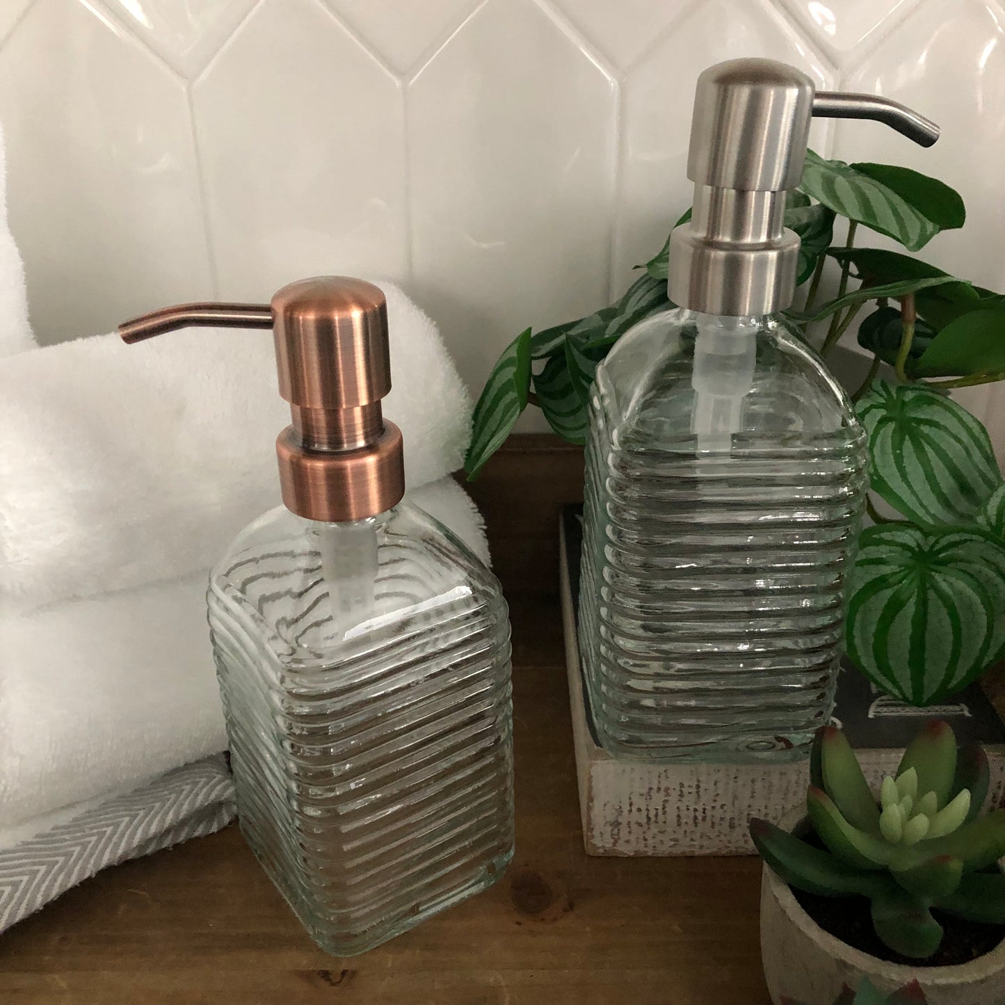 The Hive Glass Soap Dispenser – Fluted Square Design, Vintage Ribbed Glass Bottle