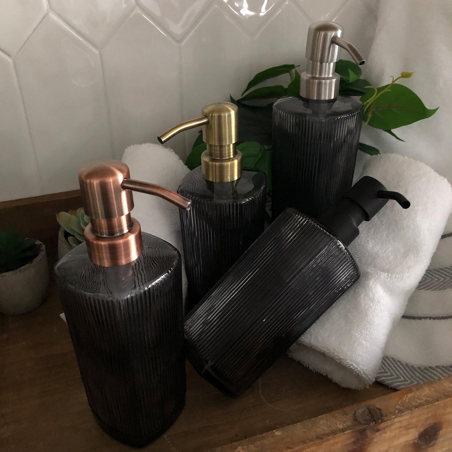 Winslow Fluted Glass Soap Dispenser – Ribbed Parisian Style, Refillable Stainless Steel Pump, Bathroom Decor