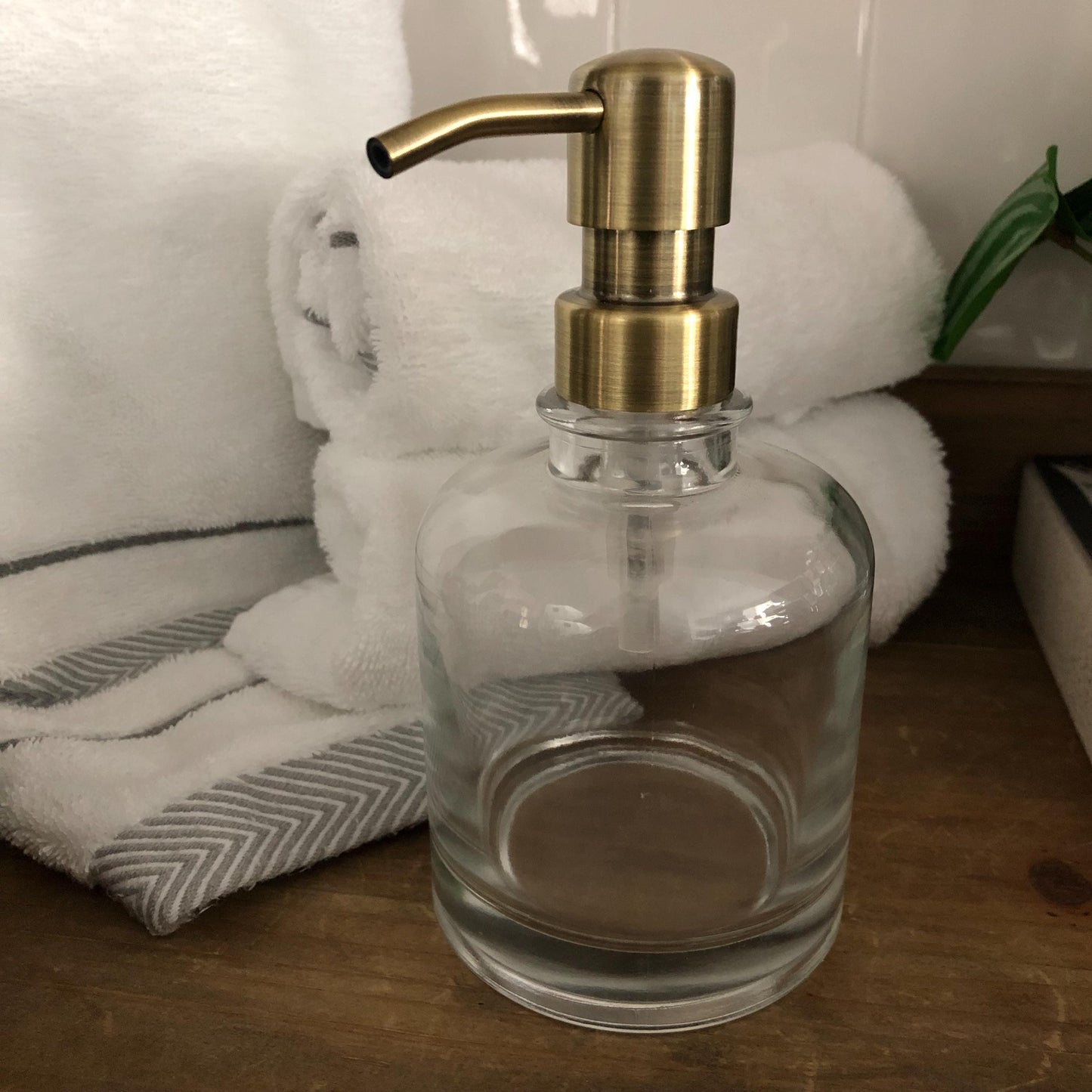 Rondelle Glass Soap Dispenser – Boston Round Apothecary Style, Heavy-Duty Glass, Elegant Bathroom & Kitchen Decor