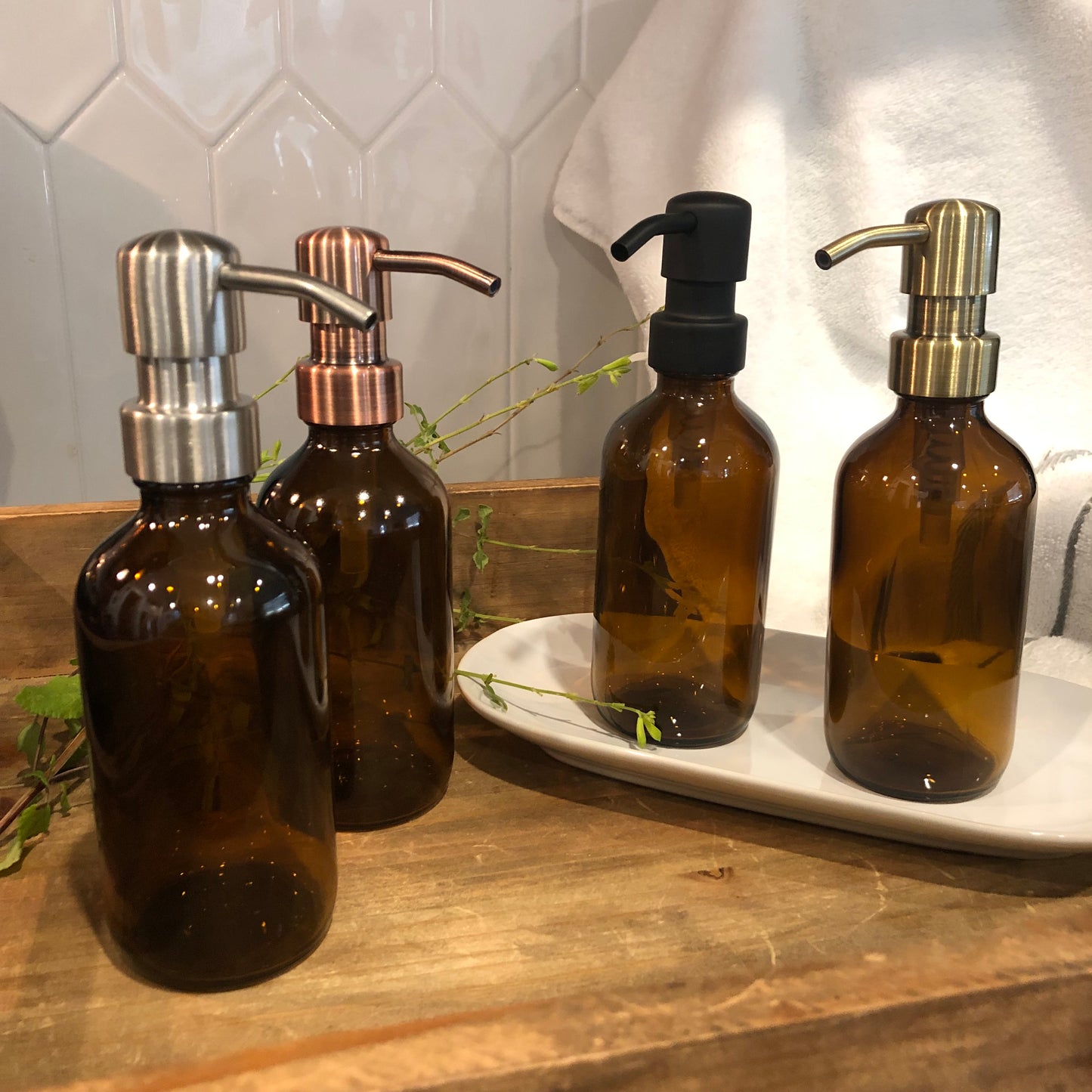 Sedona Glass Soap Dispenser 350ml (12oz) –Amber Vintage Apothecary Bottle with Stainless Steel Pump (Silver, Brass, Bronze, Black)