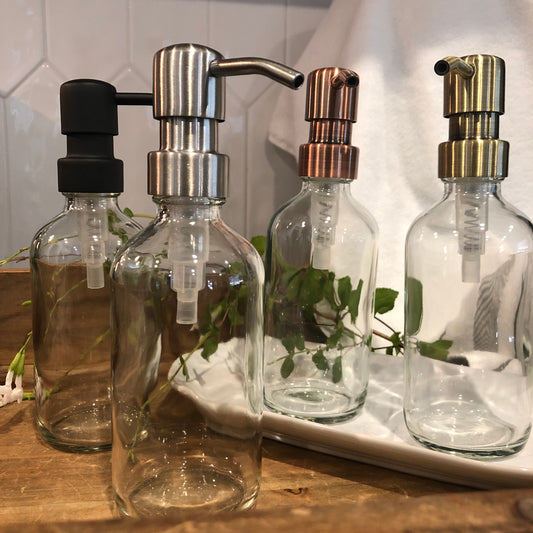 Sedona Glass Soap Dispenser 350ml (12oz) – Clear, Vintage Apothecary Bottle with Stainless Steel Pump (Silver, Brass, Bronze, Black)