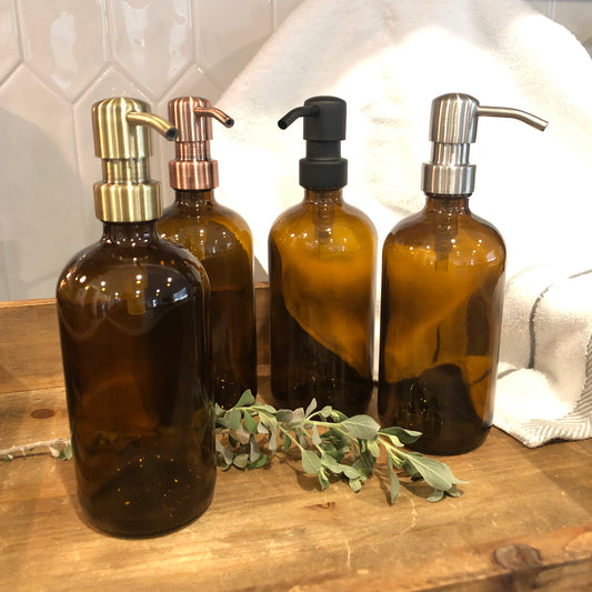 Sedona Glass Soap Dispenser 500ml (16oz) – Amber Vintage Apothecary Bottle with Stainless Steel Pump (Silver, Brass, Bronze, Black)