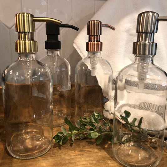 Sedona Glass Soap Dispenser 500ml (16oz) – Clear Vintage Apothecary Bottle with Stainless Steel Pump (Silver, Brass, Bronze, Black)