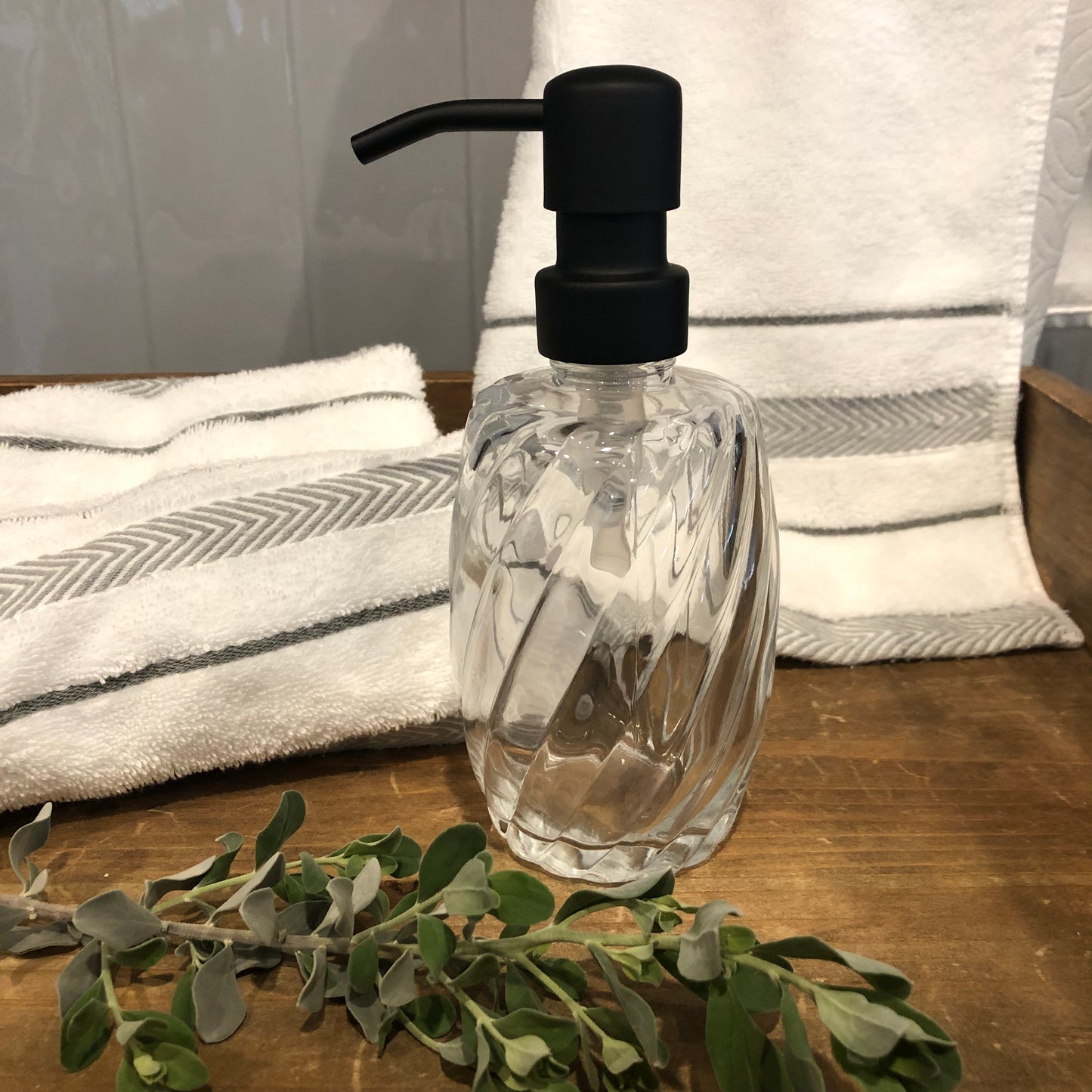Luna Spiral Glass Soap Dispenser – 12oz / 350ml Refillable Fluted Bottle with Stainless Steel Pump (Silver, Brass, Bronze, Black)
