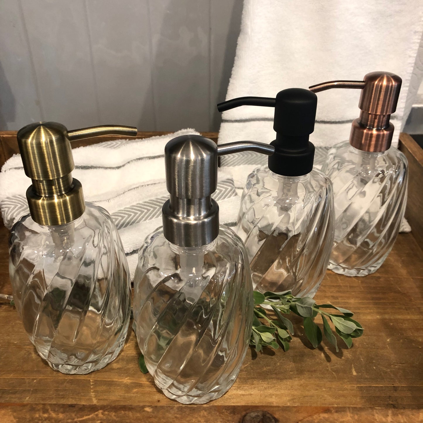 Luna Spiral Glass Soap Dispenser – 12oz / 350ml Refillable Fluted Bottle with Stainless Steel Pump (Silver, Brass, Bronze, Black)
