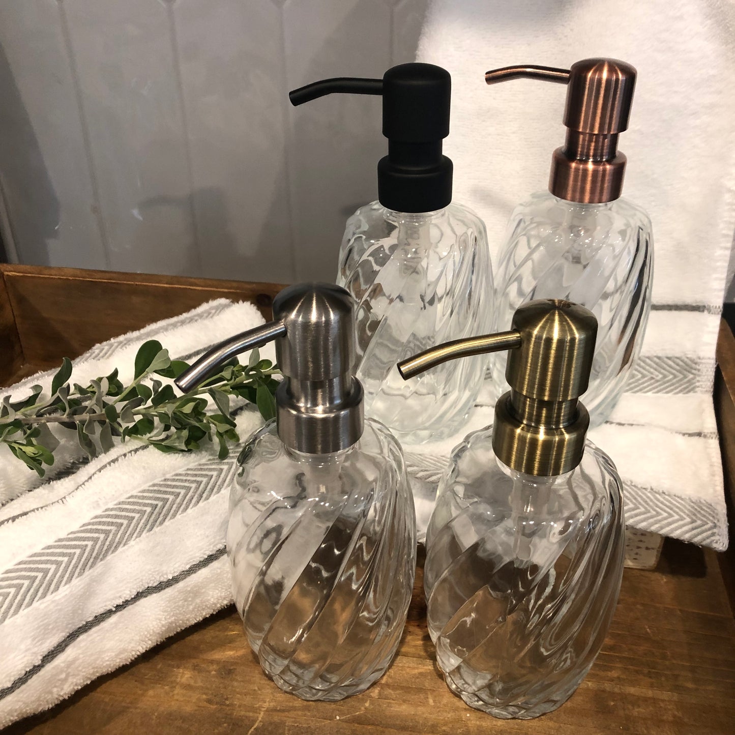 Luna Spiral Glass Soap Dispenser – 12oz / 350ml Refillable Fluted Bottle with Stainless Steel Pump (Silver, Brass, Bronze, Black)
