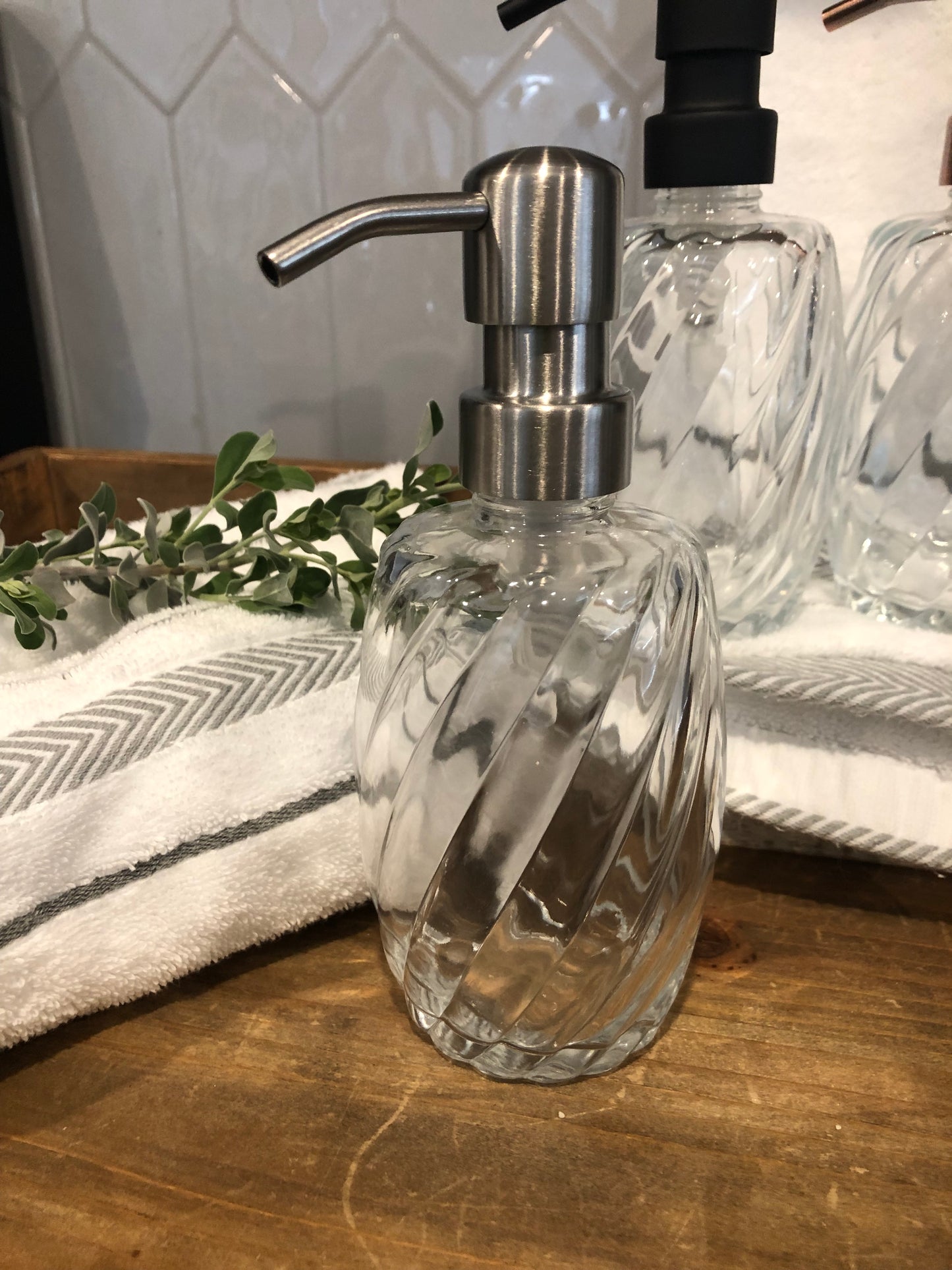 Luna Spiral Glass Soap Dispenser – 12oz / 350ml Refillable Fluted Bottle with Stainless Steel Pump (Silver, Brass, Bronze, Black)
