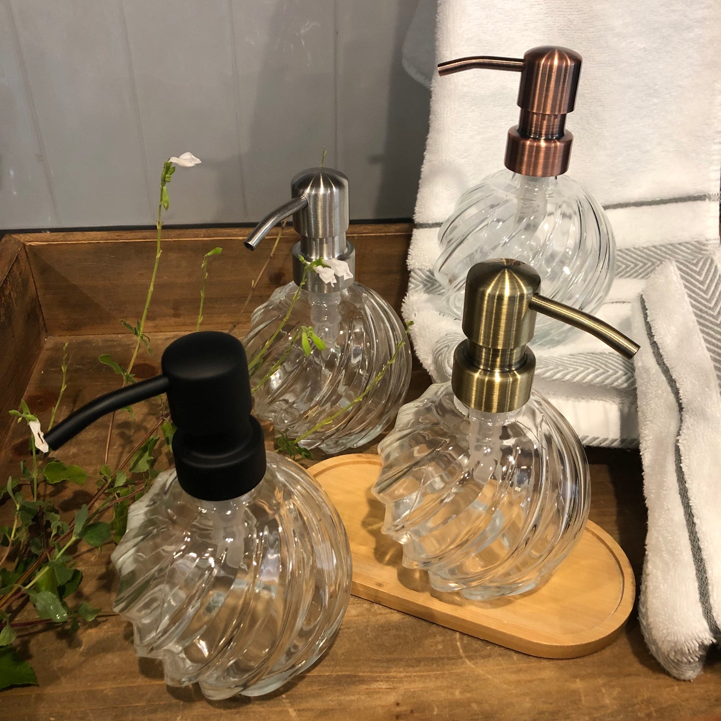 Luna Spiral Glass Soap Dispenser – 12oz / 350ml Refillable Rounded Globe Bottle with Stainless Steel Pump (Silver, Brass, Bronze, Black)