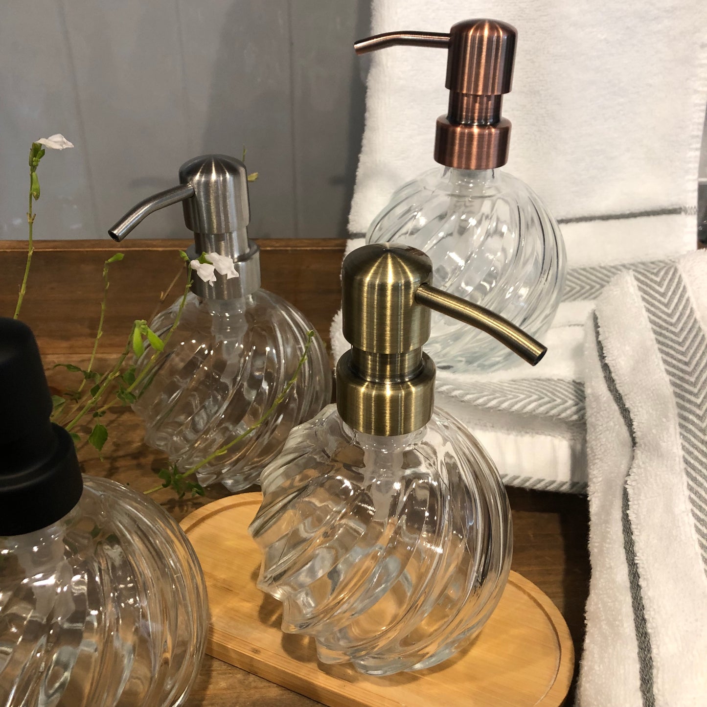 Luna Spiral Glass Soap Dispenser – 12oz / 350ml Refillable Rounded Globe Bottle with Stainless Steel Pump (Silver, Brass, Bronze, Black)