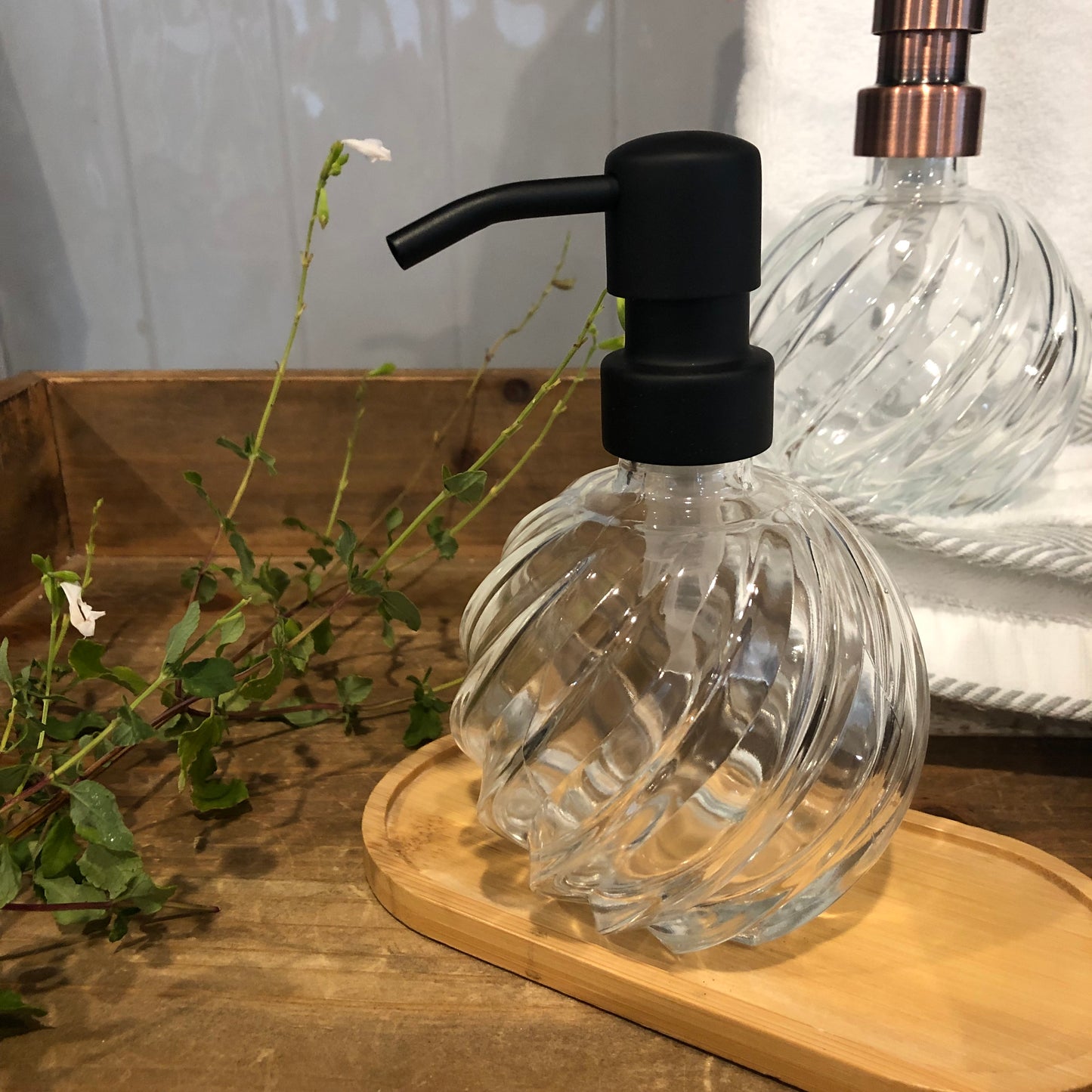 Luna Spiral Glass Soap Dispenser – 12oz / 350ml Refillable Rounded Globe Bottle with Stainless Steel Pump (Silver, Brass, Bronze, Black)