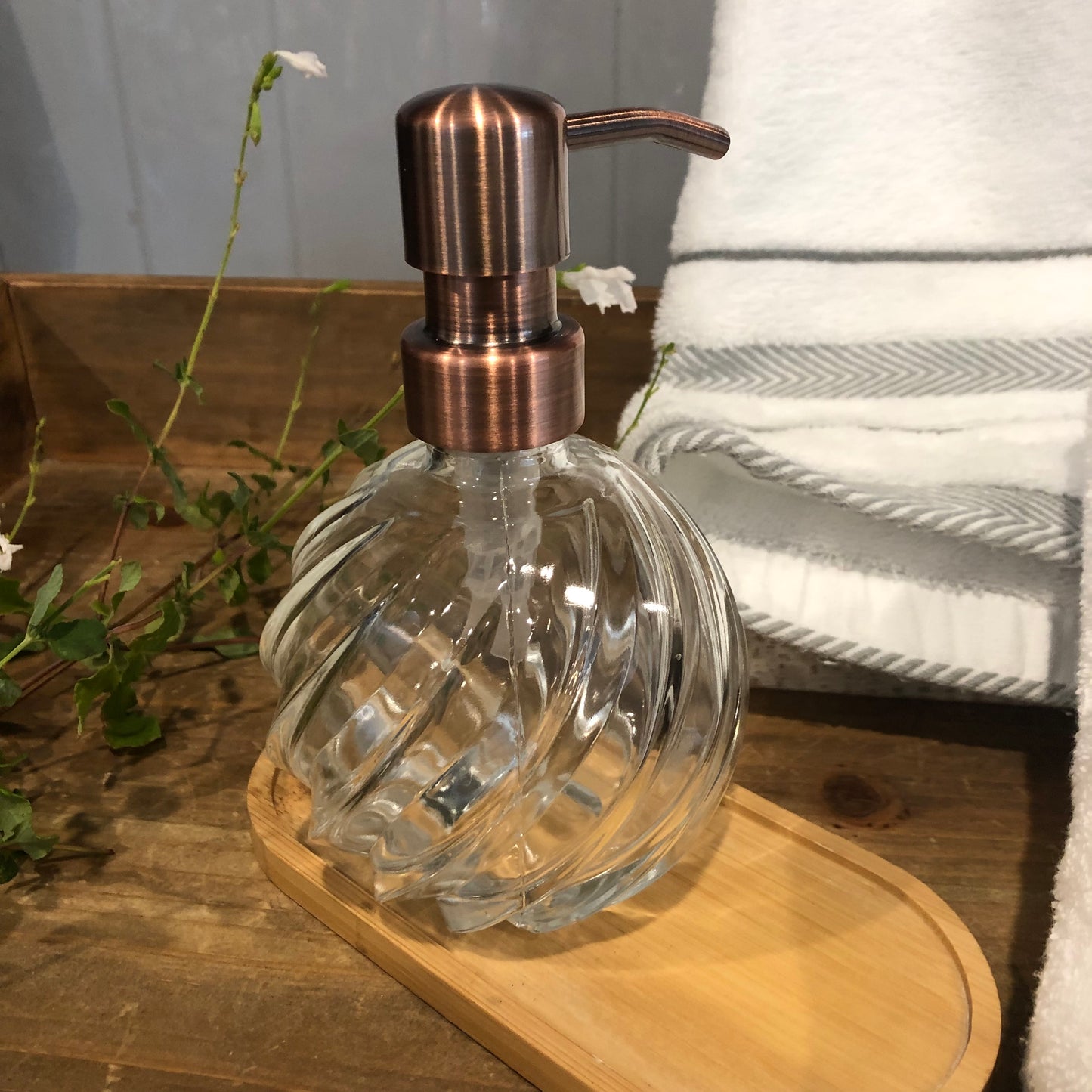 Luna Spiral Glass Soap Dispenser – 12oz / 350ml Refillable Rounded Globe Bottle with Stainless Steel Pump (Silver, Brass, Bronze, Black)