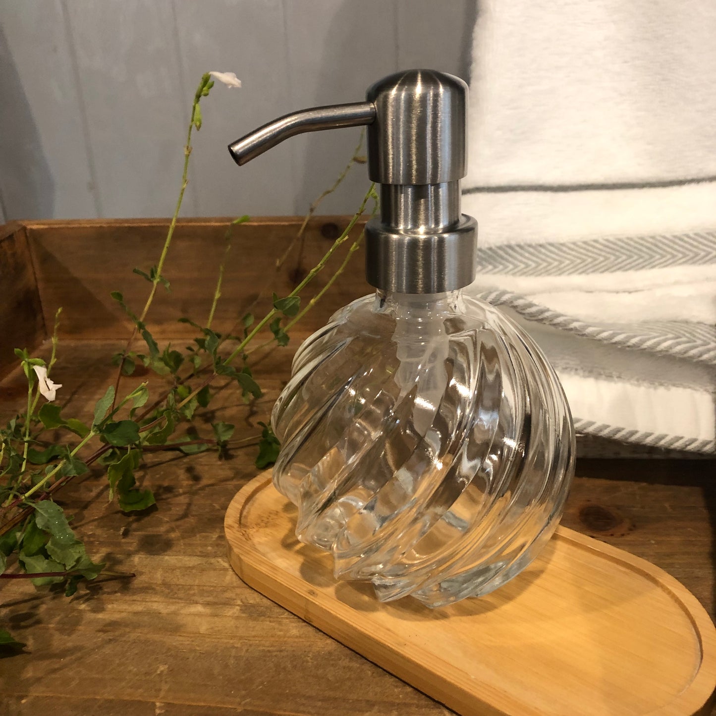 Luna Spiral Glass Soap Dispenser – 12oz / 350ml Refillable Rounded Globe Bottle with Stainless Steel Pump (Silver, Brass, Bronze, Black)
