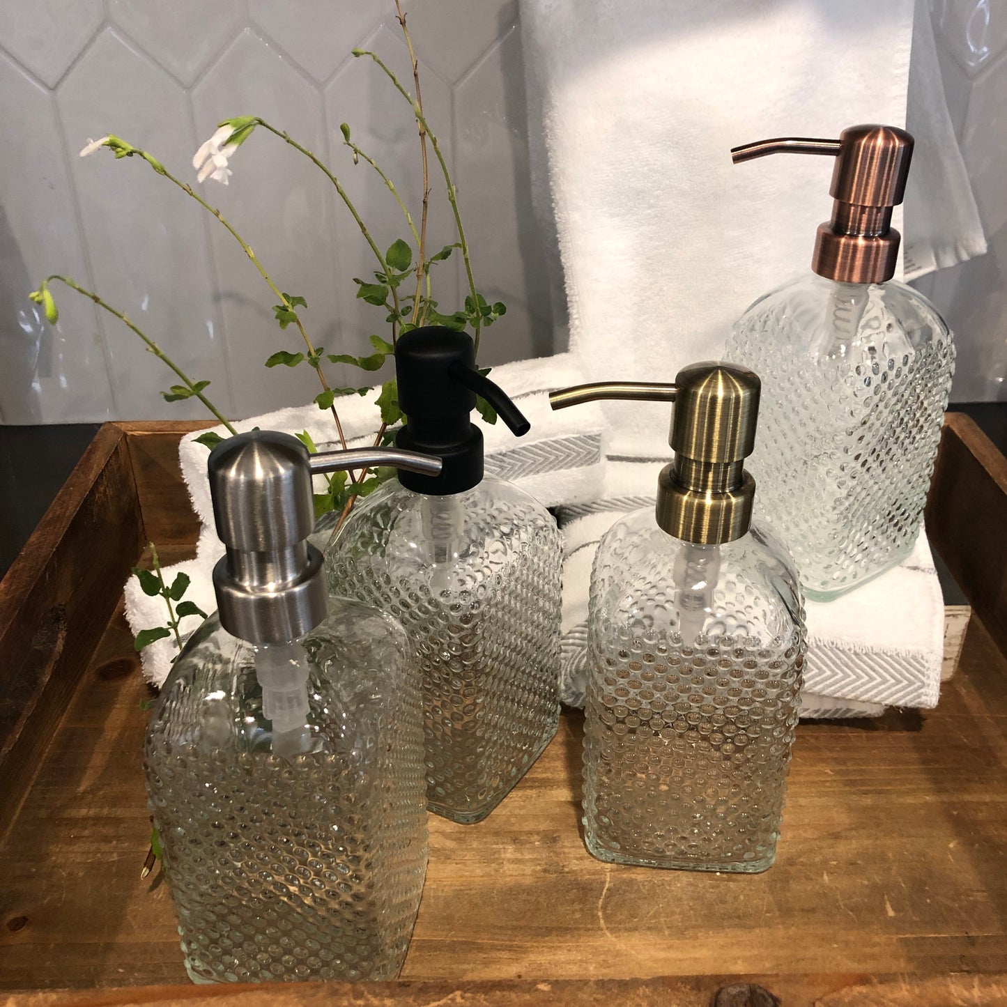 Pearl Glass Soap Dispenser – 12oz / 350ml Hobnail Fluted Bottle with Stainless Steel Pump (Silver, Brass, Bronze, Black)