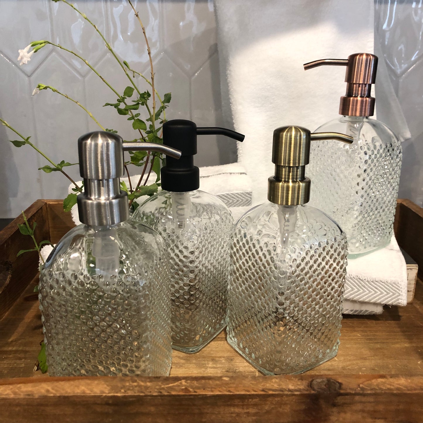 Pearl Glass Soap Dispenser – 12oz / 350ml Hobnail Fluted Bottle with Stainless Steel Pump (Silver, Brass, Bronze, Black)