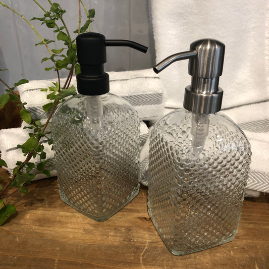 Pearl Glass Soap Dispenser – 12oz / 350ml Hobnail Fluted Bottle with Stainless Steel Pump (Silver, Brass, Bronze, Black)