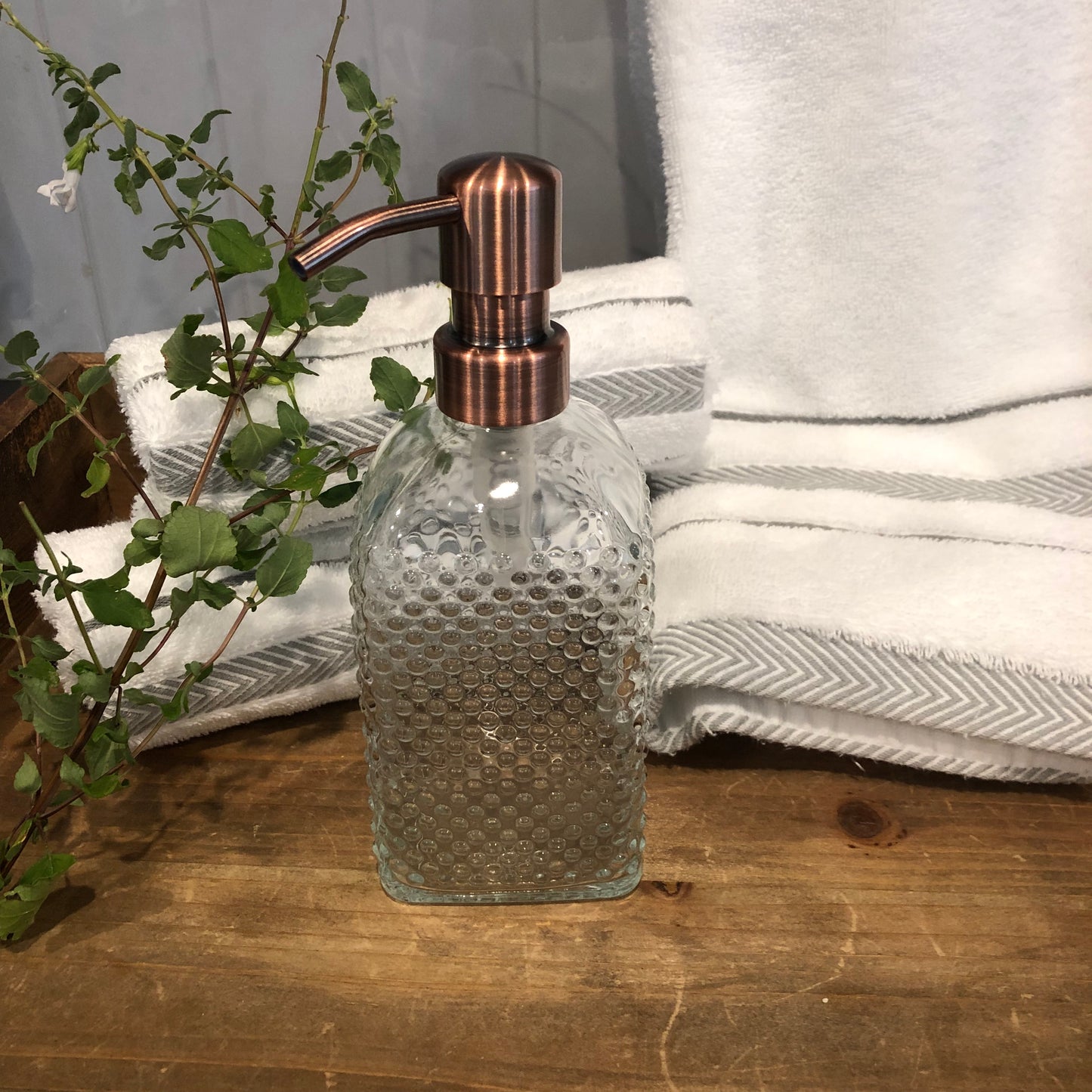 Pearl Glass Soap Dispenser – 12oz / 350ml Hobnail Fluted Bottle with Stainless Steel Pump (Silver, Brass, Bronze, Black)