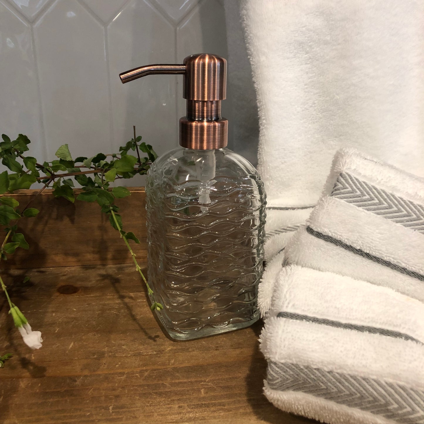 Cascade Glass Soap Dispenser – 12oz / 350ml Wavy Fluted square Bottle with Stainless Steel Pump (Silver, Brass, Bronze, Black)