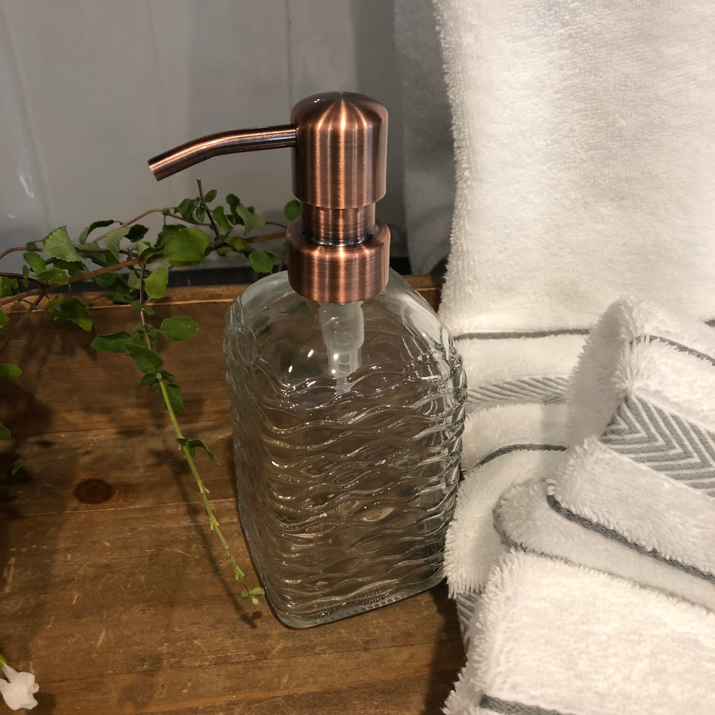 Cascade Glass Soap Dispenser – 12oz / 350ml Wavy Fluted square Bottle with Stainless Steel Pump (Silver, Brass, Bronze, Black)