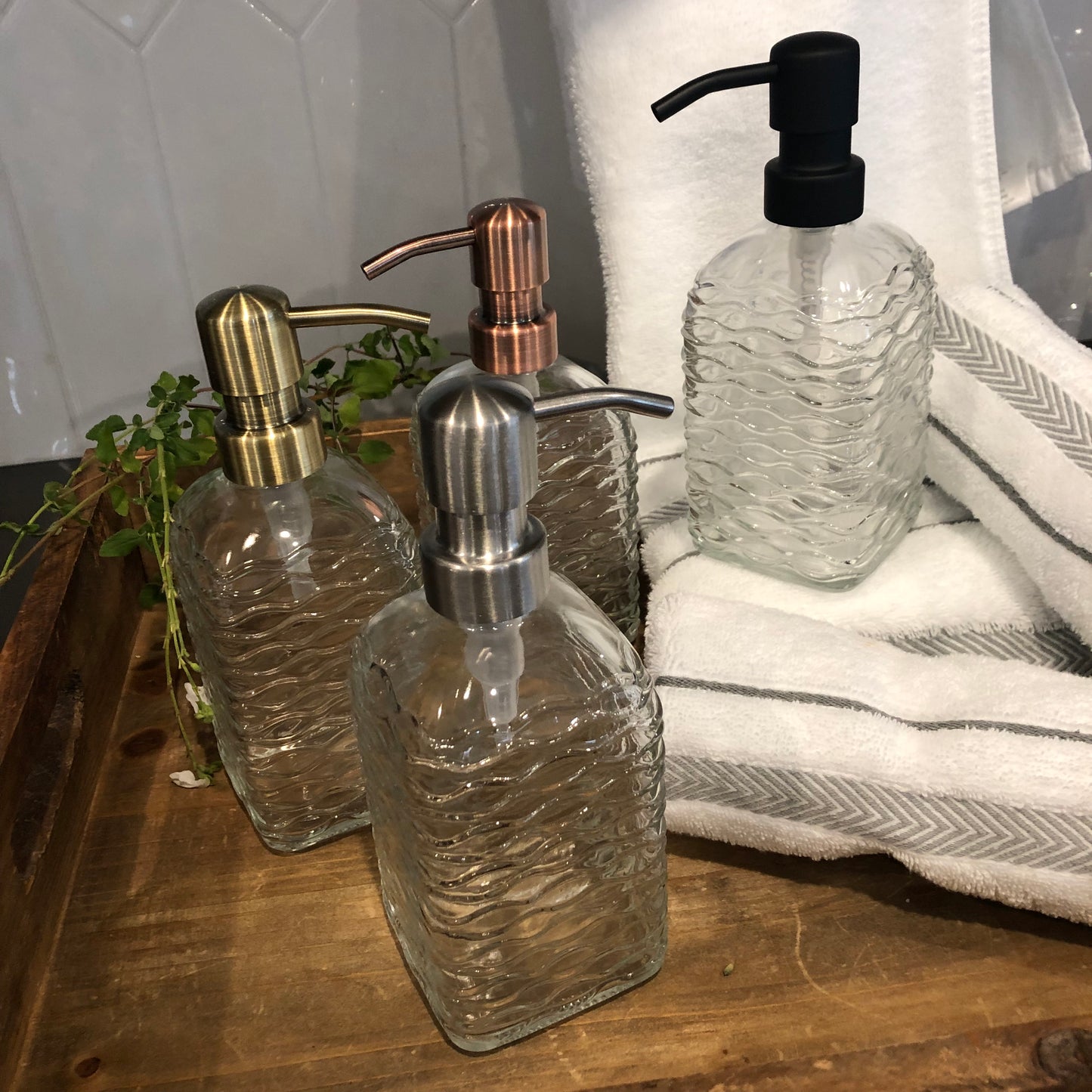 Cascade Glass Soap Dispenser – 12oz / 350ml Wavy Fluted square Bottle with Stainless Steel Pump (Silver, Brass, Bronze, Black)