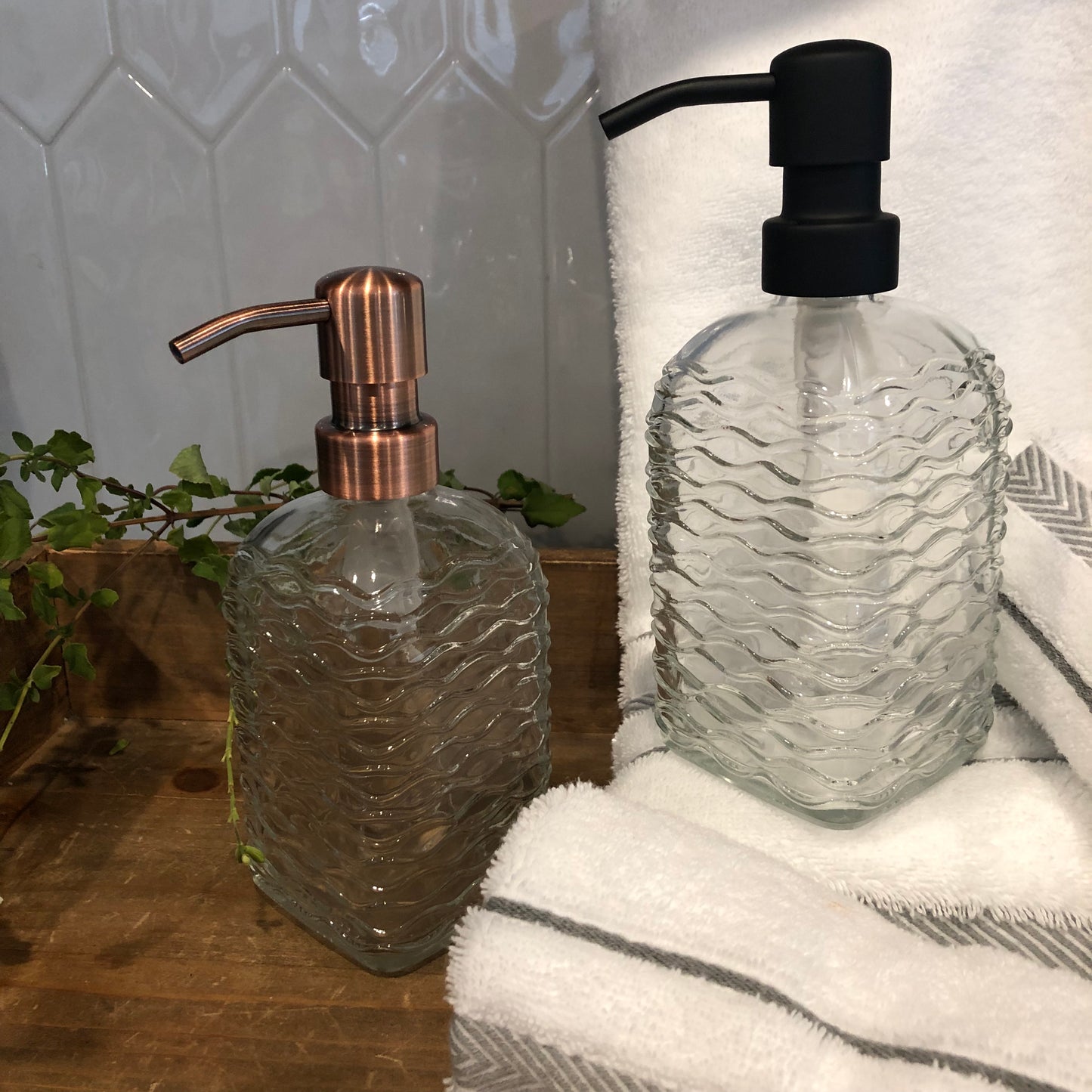 Cascade Glass Soap Dispenser – 12oz / 350ml Wavy Fluted square Bottle with Stainless Steel Pump (Silver, Brass, Bronze, Black)