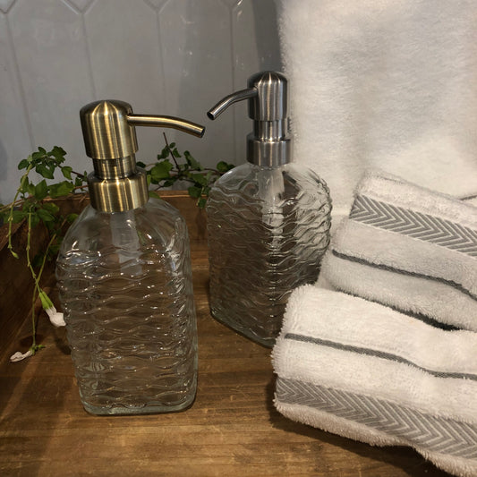 Cascade Glass Soap Dispenser – 12oz / 350ml Wavy Fluted square Bottle with Stainless Steel Pump (Silver, Brass, Bronze, Black)