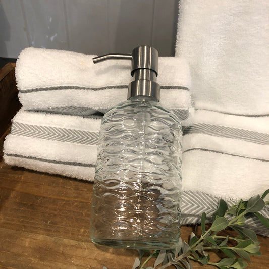 Cascade Glass Soap Dispenser – 12oz / 350ml Wavy Fluted Round Bottle with Stainless Steel Pump (Silver, Brass, Bronze, Black)