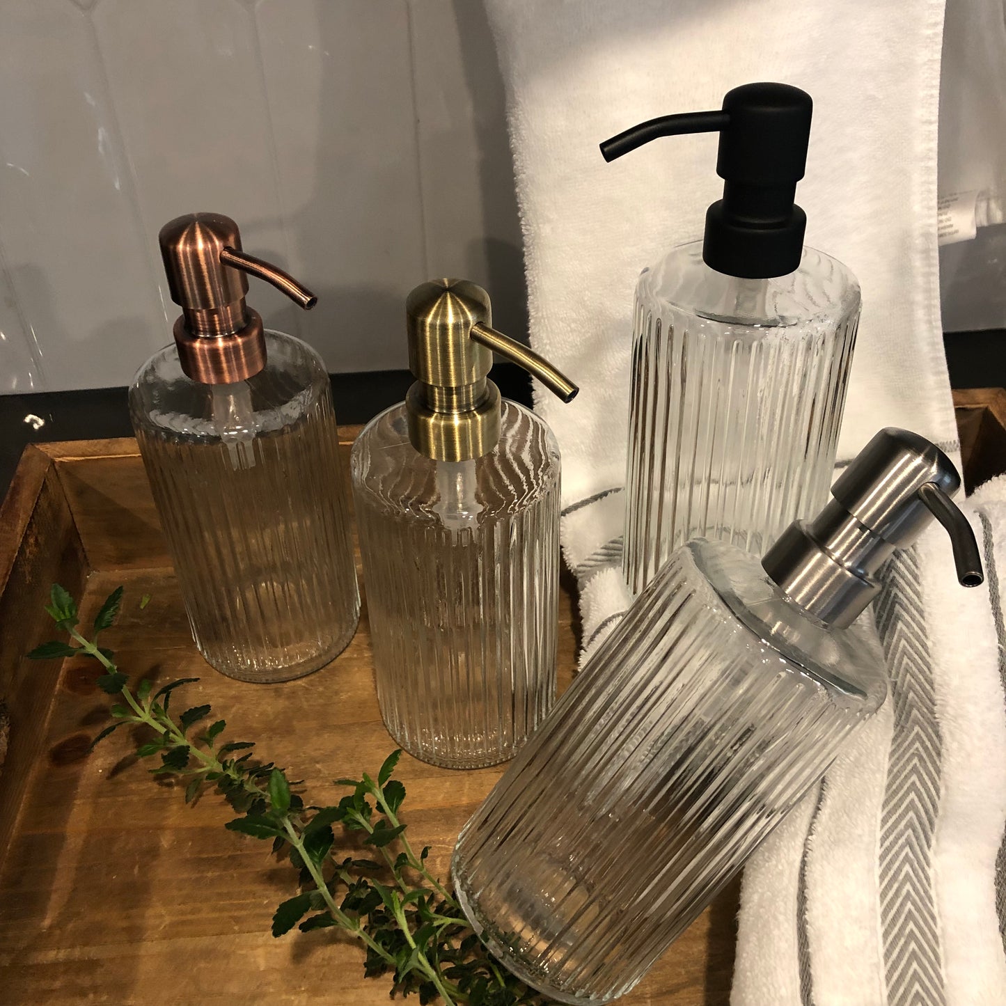 Winslow Glass Soap Dispenser – 12oz / 350ml Ribbed Fluted Round Bottle with Stainless Steel Pump (Silver, Brass, Bronze, Black)