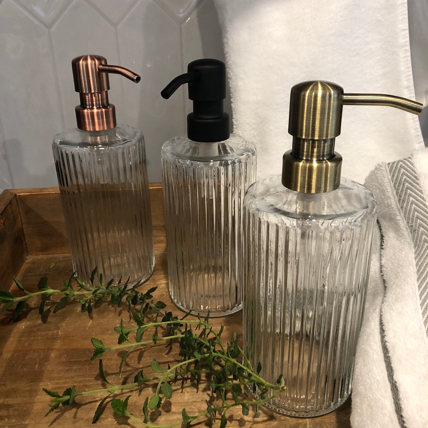 Winslow Glass Soap Dispenser – 12oz / 350ml Ribbed Fluted Round Bottle with Stainless Steel Pump (Silver, Brass, Bronze, Black)