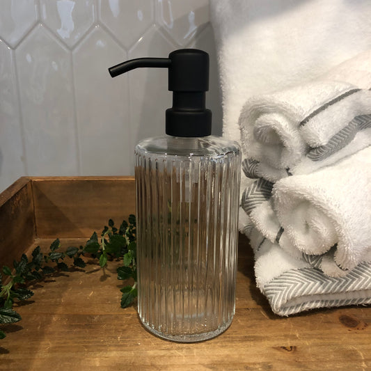Winslow Glass Soap Dispenser – 12oz / 350ml Ribbed Fluted Round Bottle with Stainless Steel Pump (Silver, Brass, Bronze, Black)