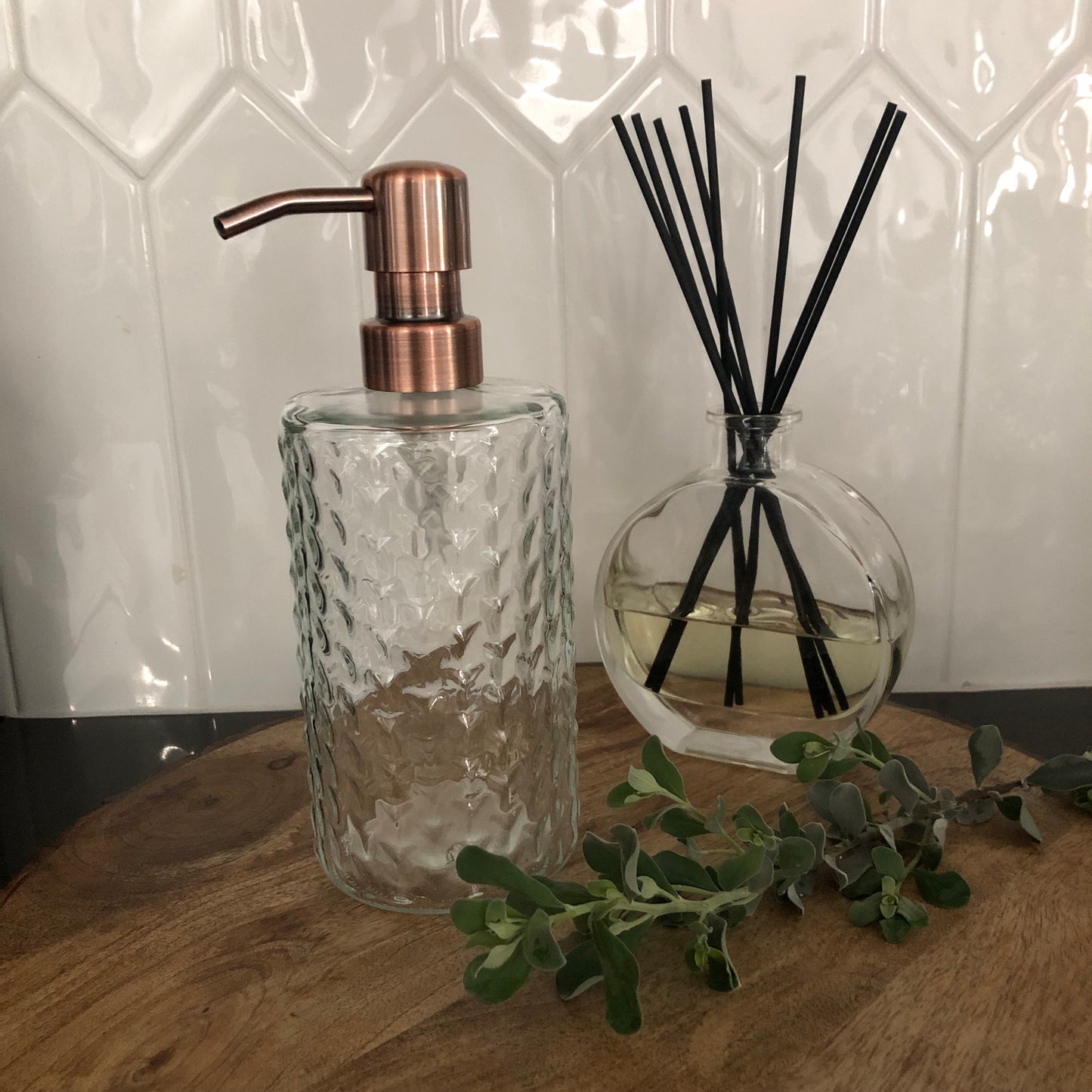 Branch Glass Soap Dispenser – 12oz / 350ml Fluted Round Bottle with Stainless Steel Pump (Silver, Brass, Bronze, Black)