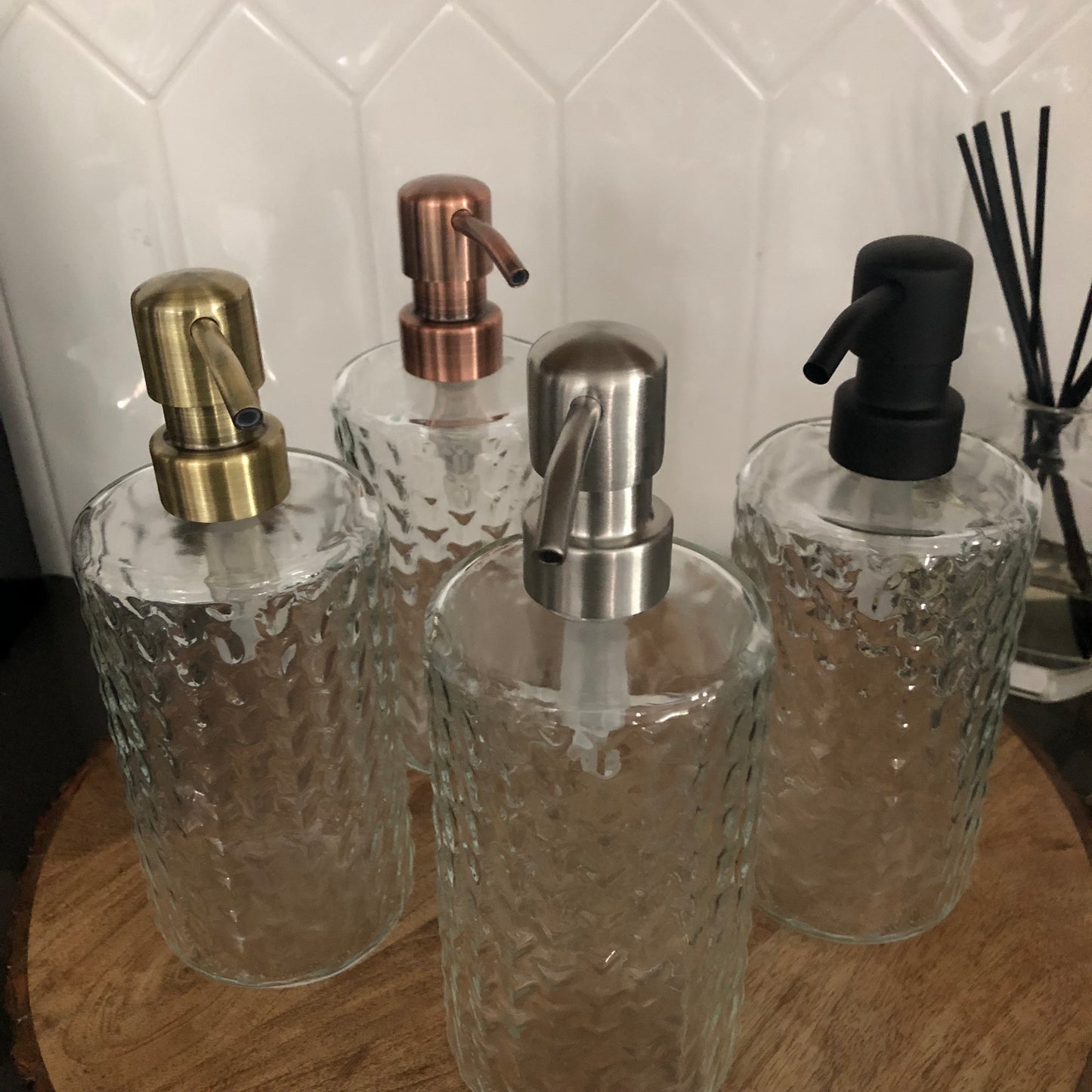 Branch Glass Soap Dispenser – 12oz / 350ml Fluted Round Bottle with Stainless Steel Pump (Silver, Brass, Bronze, Black)