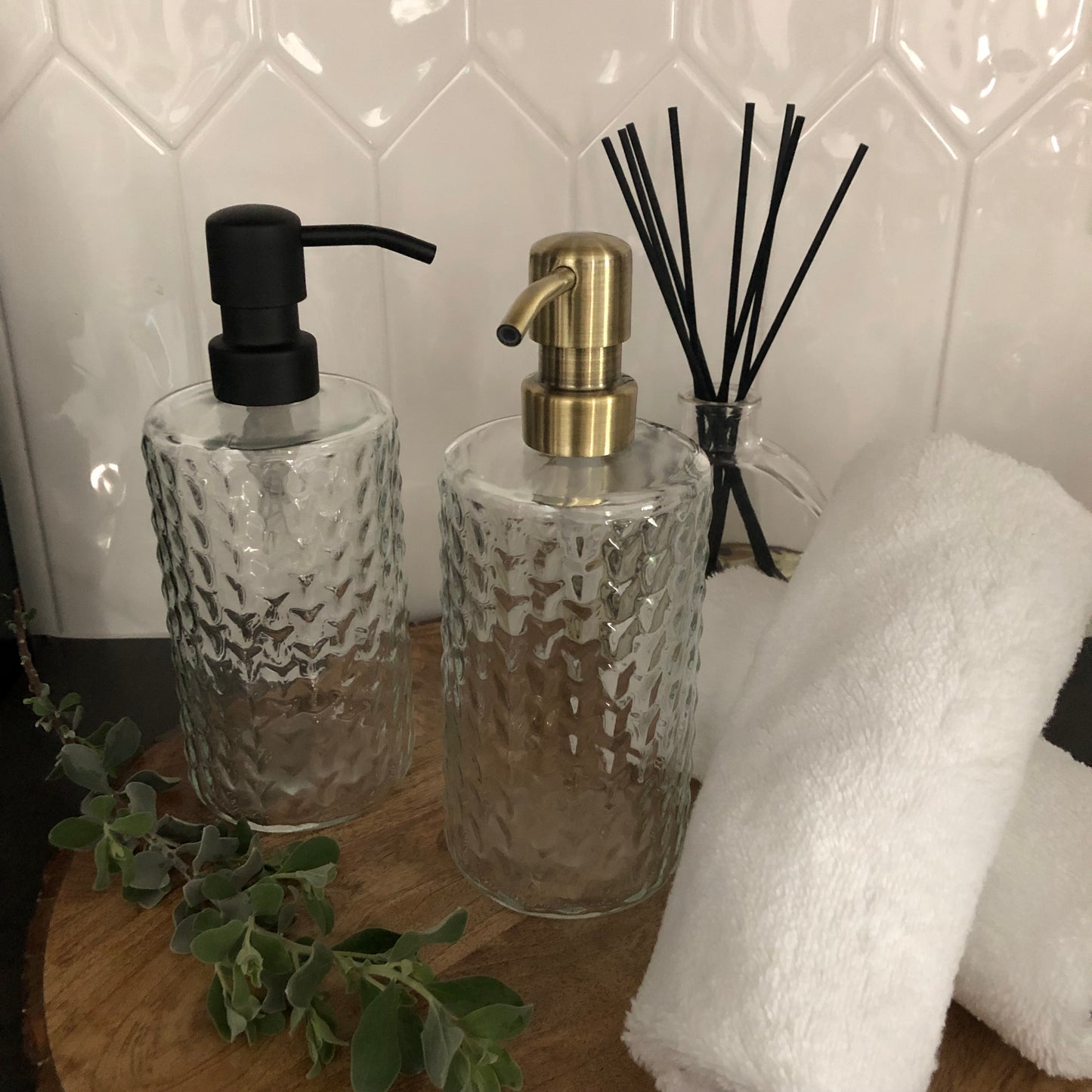 Branch Glass Soap Dispenser – 12oz / 350ml Fluted Round Bottle with Stainless Steel Pump (Silver, Brass, Bronze, Black)