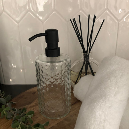 Branch Glass Soap Dispenser – 12oz / 350ml Fluted Round Bottle with Stainless Steel Pump (Silver, Brass, Bronze, Black)