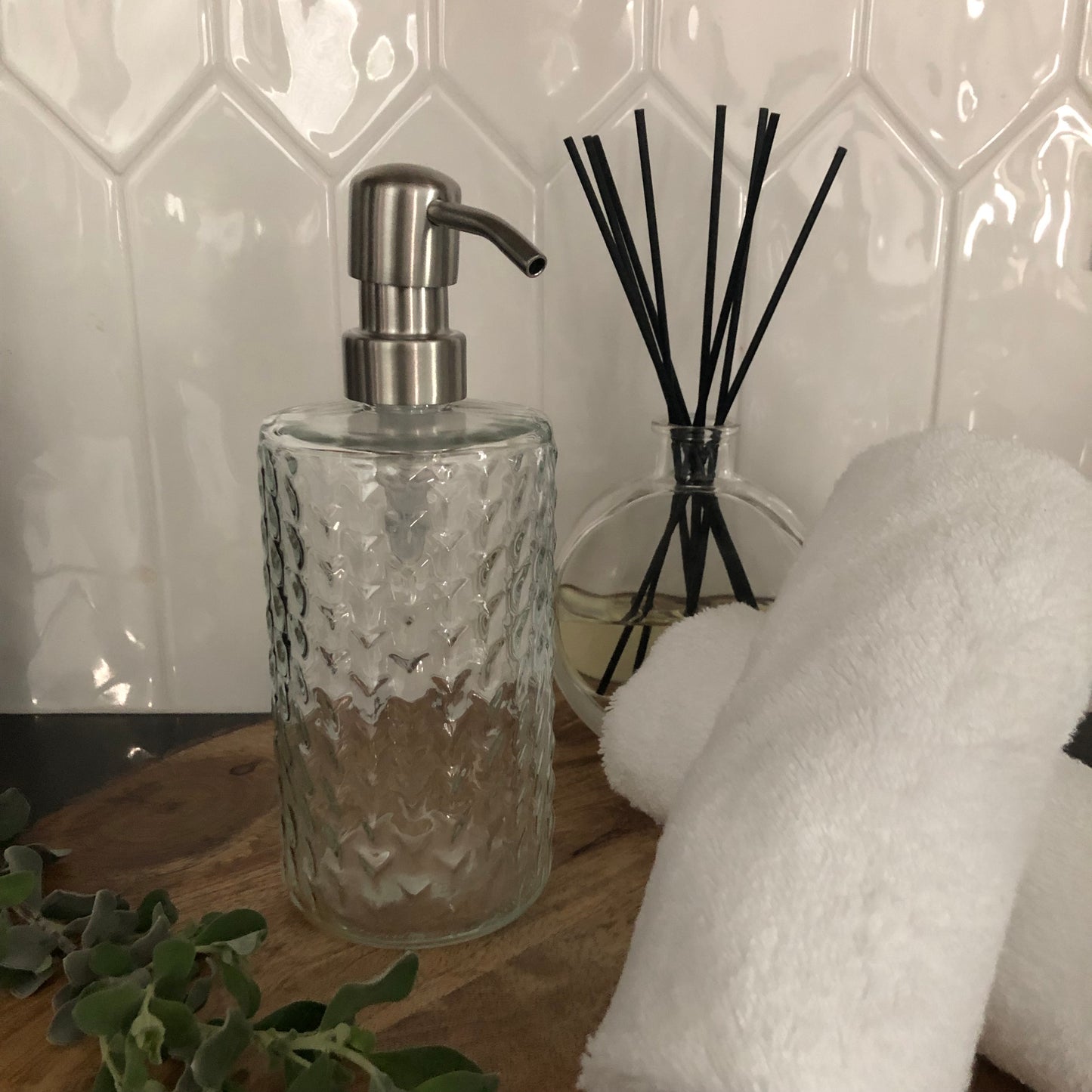 Branch Glass Soap Dispenser – 12oz / 350ml Fluted Round Bottle with Stainless Steel Pump (Silver, Brass, Bronze, Black)