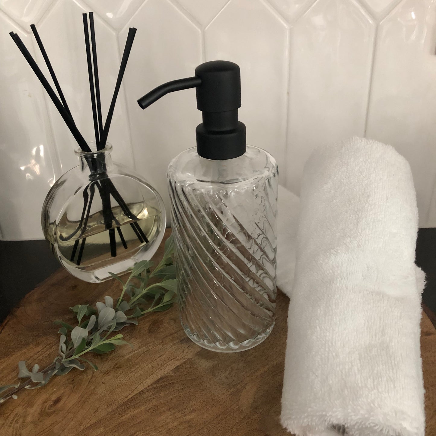 Luna Glass Soap Dispenser – 12oz / 350ml Fluted Spiral Bottle with Stainless Steel Pump (Silver, Brass, Bronze, Black)