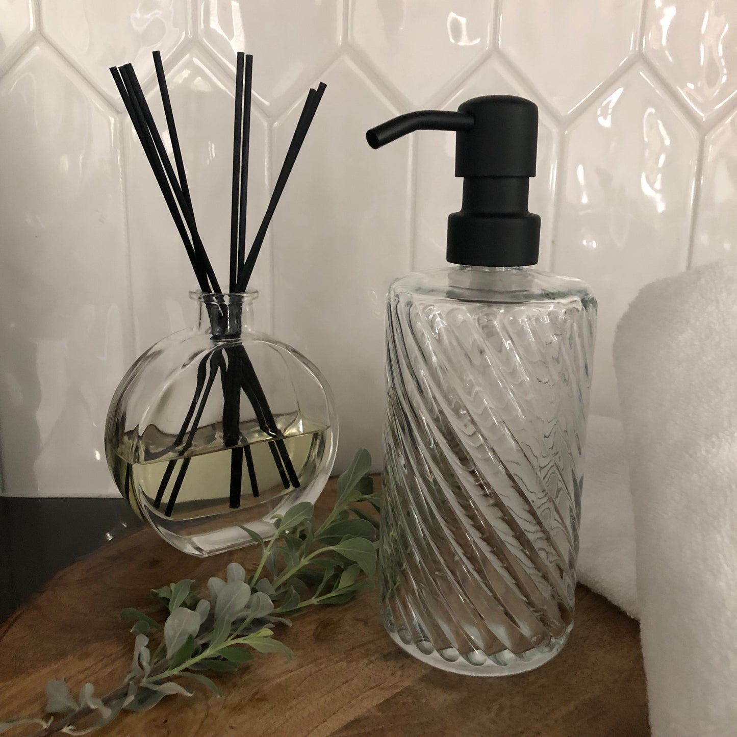 Luna Glass Soap Dispenser – 12oz / 350ml Fluted Spiral Bottle with Stainless Steel Pump (Silver, Brass, Bronze, Black)