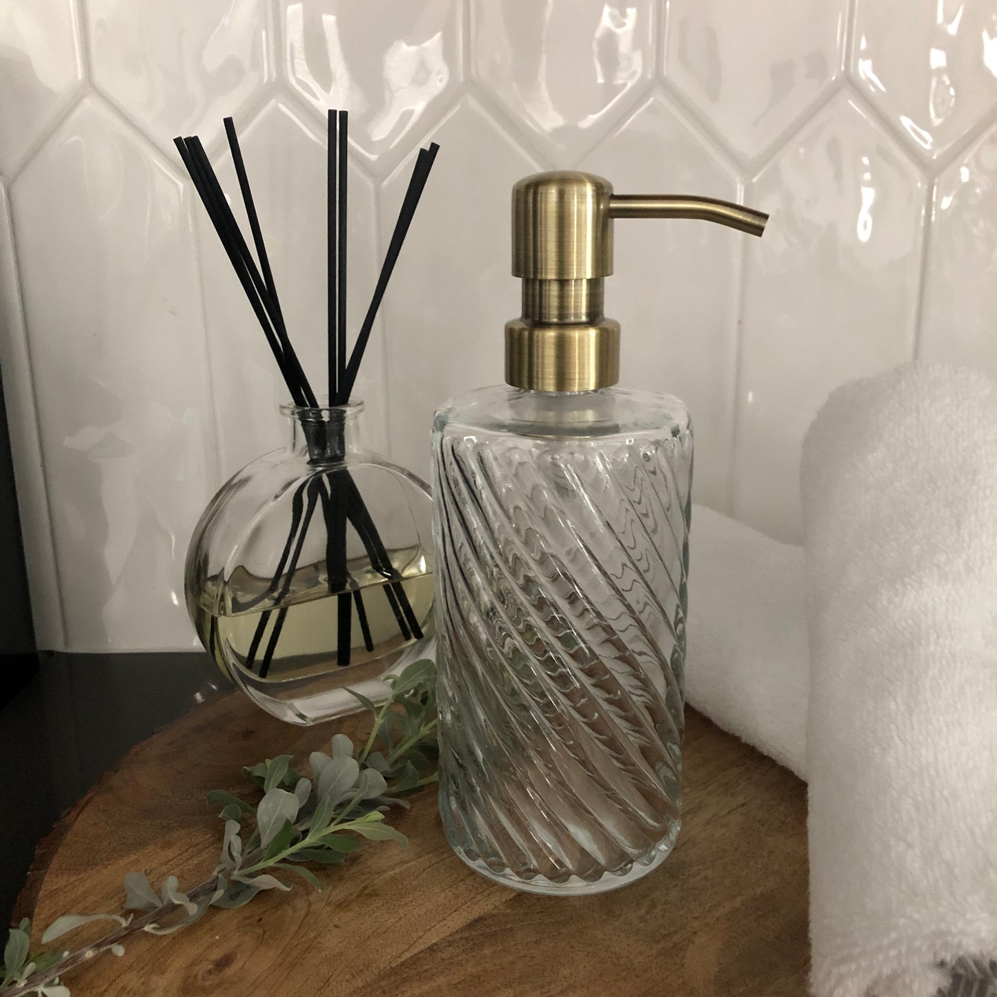 Luna Glass Soap Dispenser – 12oz / 350ml Fluted Spiral Bottle with Stainless Steel Pump (Silver, Brass, Bronze, Black)