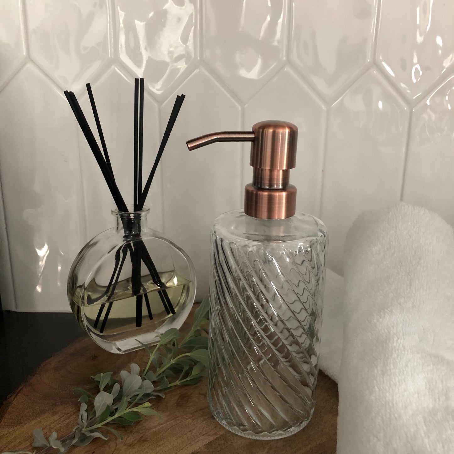Luna Glass Soap Dispenser – 12oz / 350ml Fluted Spiral Bottle with Stainless Steel Pump (Silver, Brass, Bronze, Black)