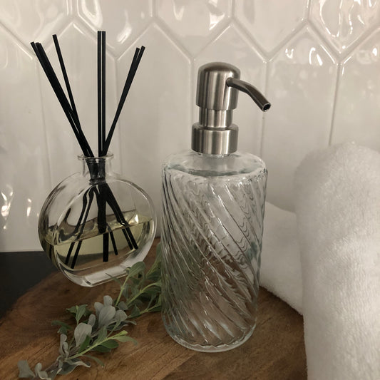 Luna Glass Soap Dispenser – 12oz / 350ml Fluted Spiral Bottle with Stainless Steel Pump (Silver, Brass, Bronze, Black)