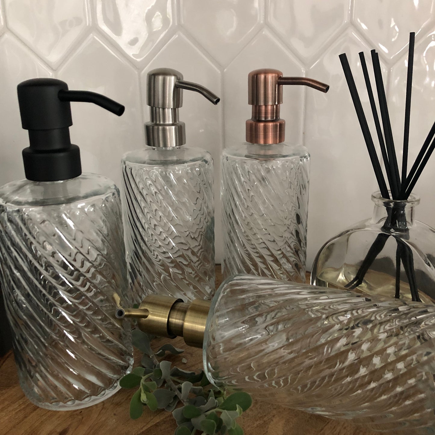Luna Glass Soap Dispenser – 12oz / 350ml Fluted Spiral Bottle with Stainless Steel Pump (Silver, Brass, Bronze, Black)