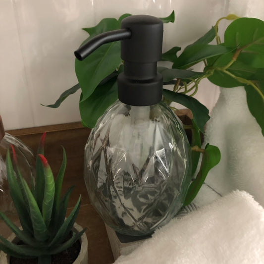 Diamond fluted Glass Soap Dispenser – Prism Design, Vintage Parisian Style, Elegant Bathroom Decor