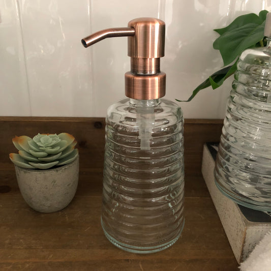 Hive Glass Soap Dispenser – Fluted Beehive Design, Ribbed Glass Bottle, Vintage Modern Bathroom Kitchen Decor