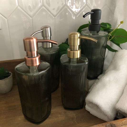 Winslow Green Fluted Glass Soap Dispenser – Ribbed Vintage Style Modern Bathroom Decor