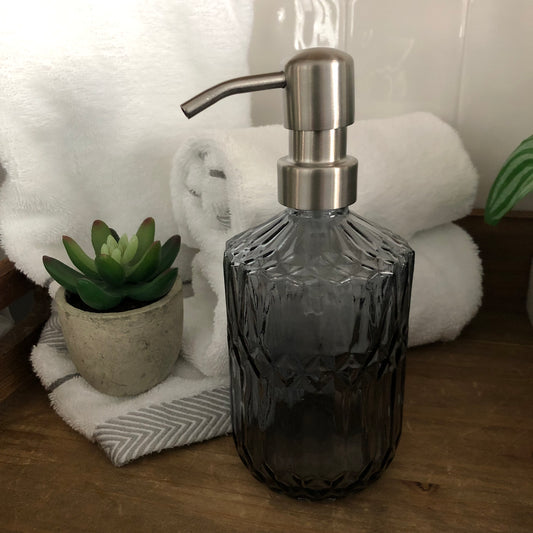 Solenne Fluted Glass Soap Dispenser – Gray Parisian Vintage Style, Textured Bathroom Kitchen Decor