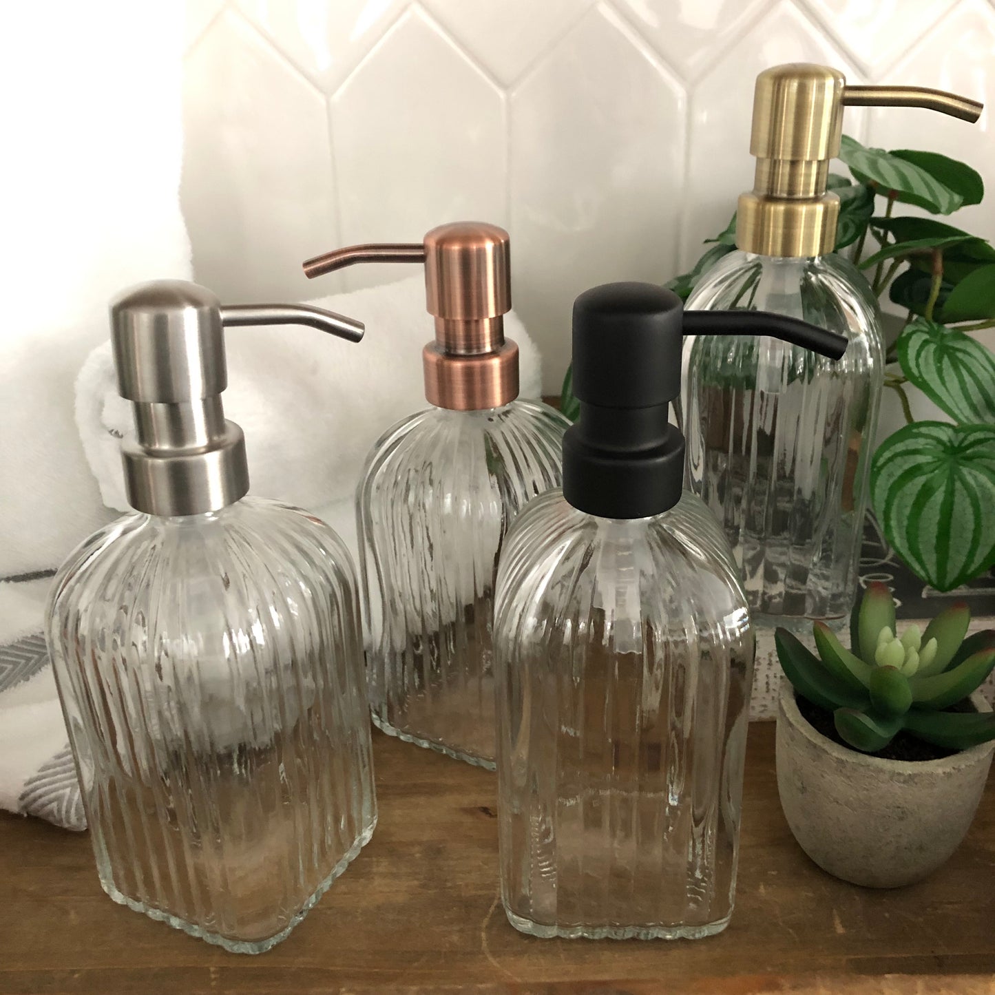 Winslow Glass Soap Dispenser – 12oz / 350ml Ribbed Fluted Square Bottle with Stainless Steel Pump