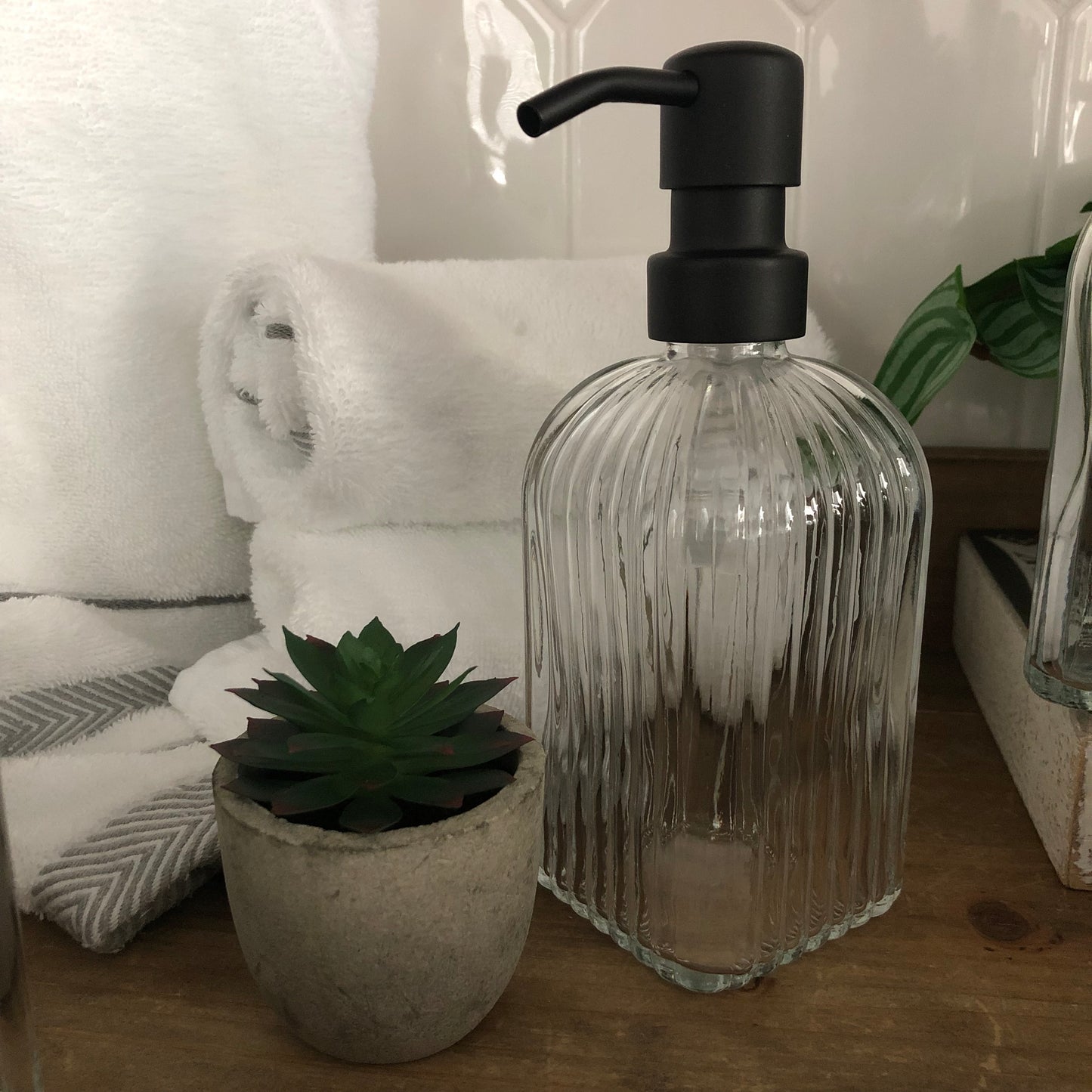 Winslow Glass Soap Dispenser – 12oz / 350ml Ribbed Fluted Square Bottle with Stainless Steel Pump