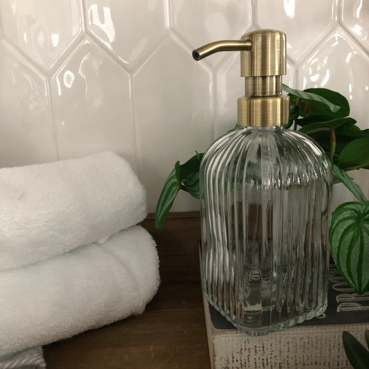 Winslow Glass Soap Dispenser – 12oz / 350ml Ribbed Fluted Square Bottle with Stainless Steel Pump