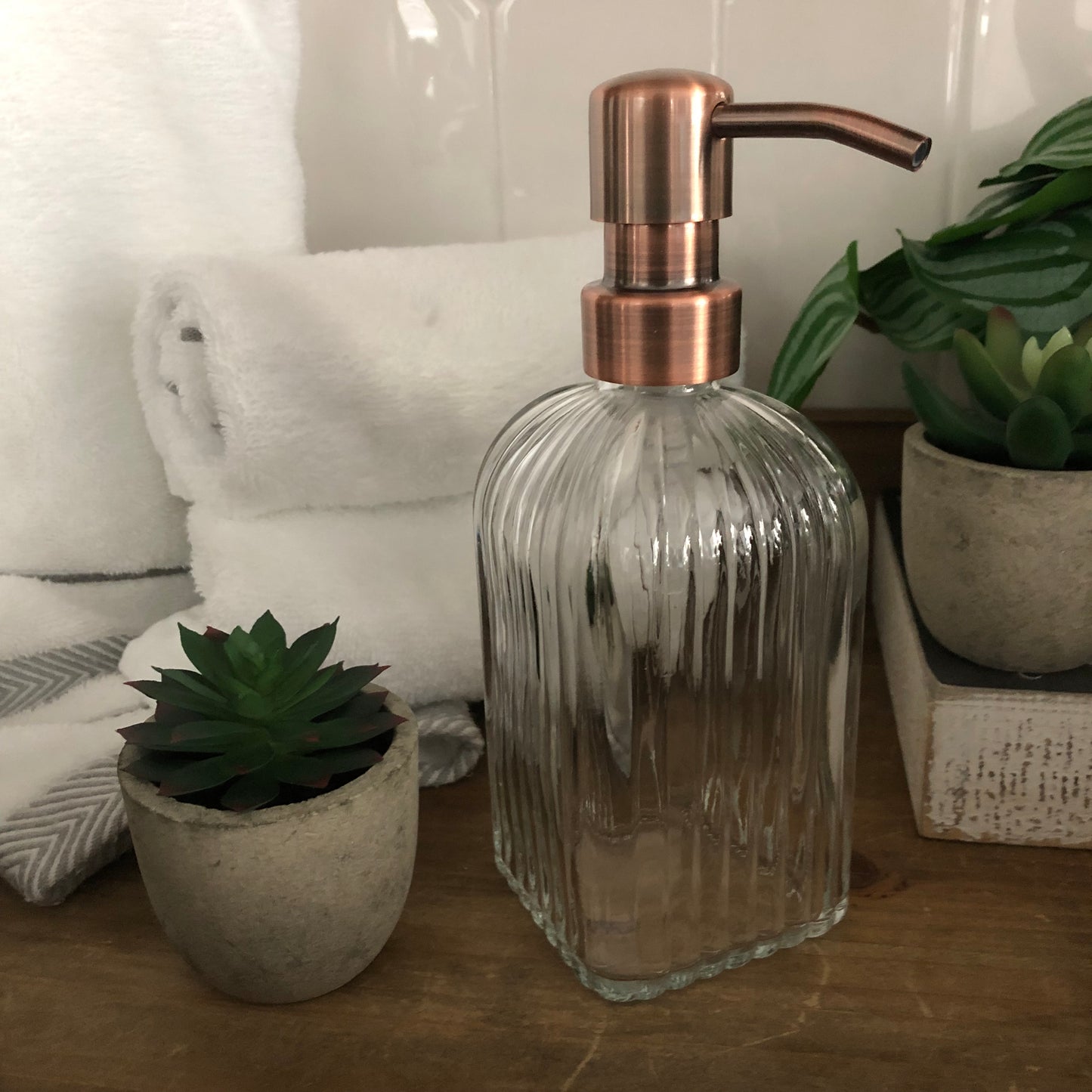 Winslow Glass Soap Dispenser – 12oz / 350ml Ribbed Fluted Square Bottle with Stainless Steel Pump